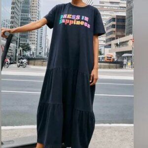 NWT FARM Rio T-Shirt Black Tiered Maxi “Dress In Happiness”